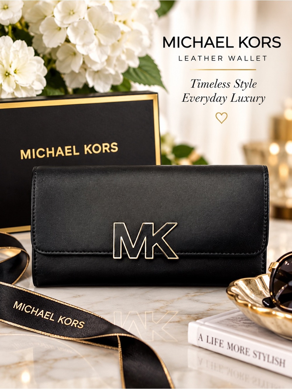 Michael Kors LARGE Black Continental LEATHER NWT MK LOGO 7.5 x 4.5 MSRP $189